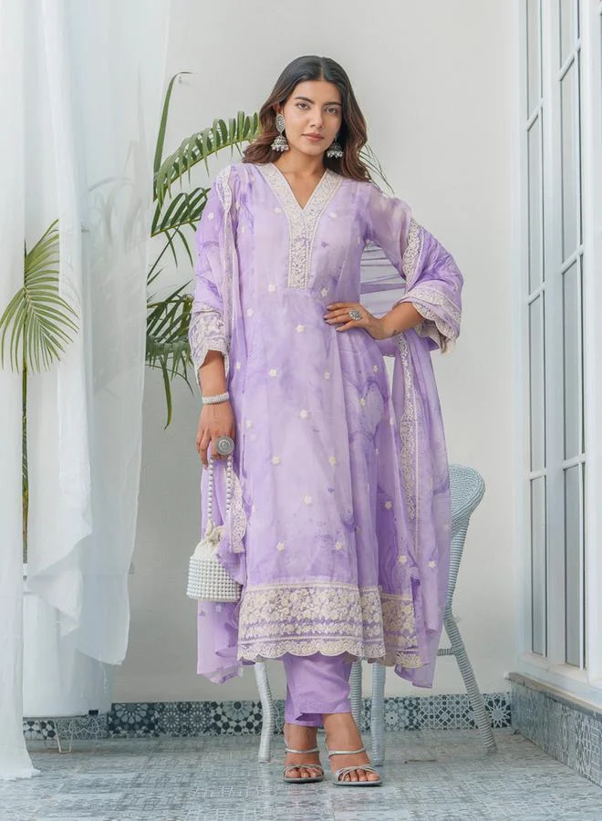 Dw  Women Floral Embroidered Straight Kurta and Trousers with Dupatta Set for Women | Best Price UAE
